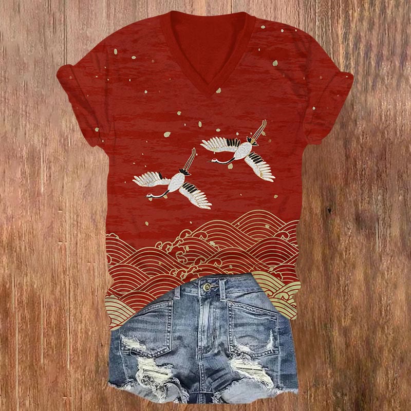 Japanese Art Waves Print  V-neck T-shirt - Red - US32-34(5XL) - image 1