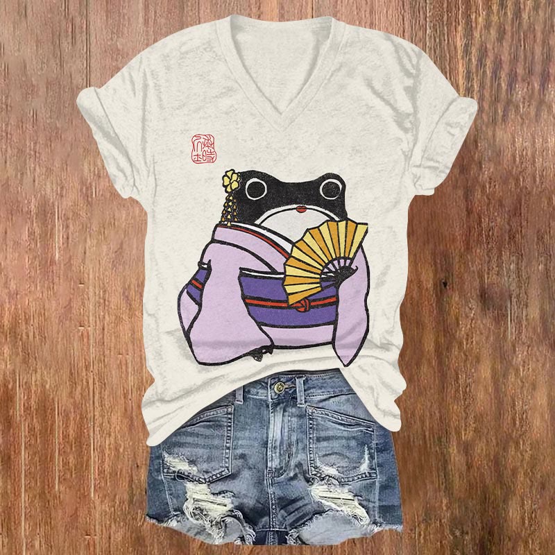 Geisha Frog Print  V-neck T-shirt - Beige - US32-34(5XL) - image 1