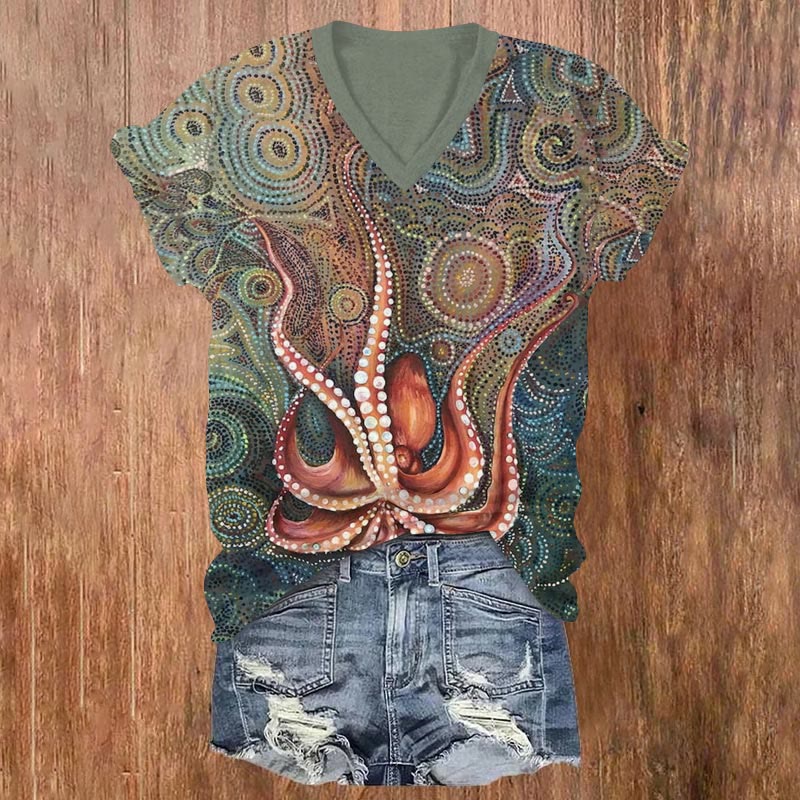 Colorful Mandala Octopus Print V-neck T-shirt - Green - US32-34(5XL) - image 1
