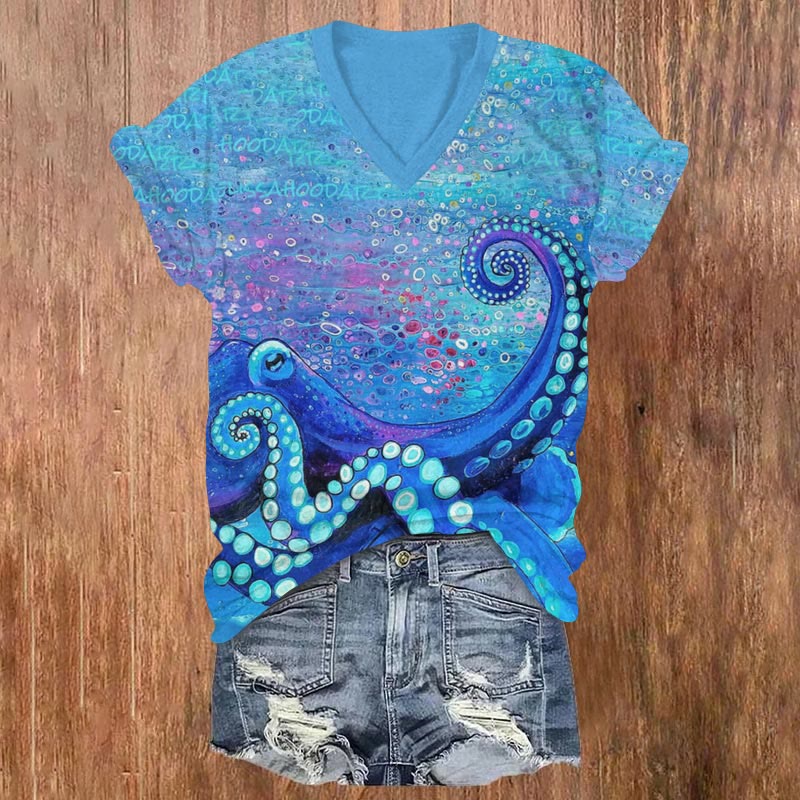 Purple Octopus Print V-neck T-shirt - Blue - US32-34(5XL) - image 1