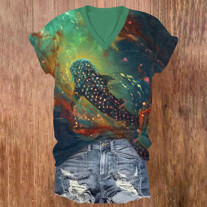 Dream Whale Nebula Print V-neck T-shirt - Green - US32-34(5XL) - image 1