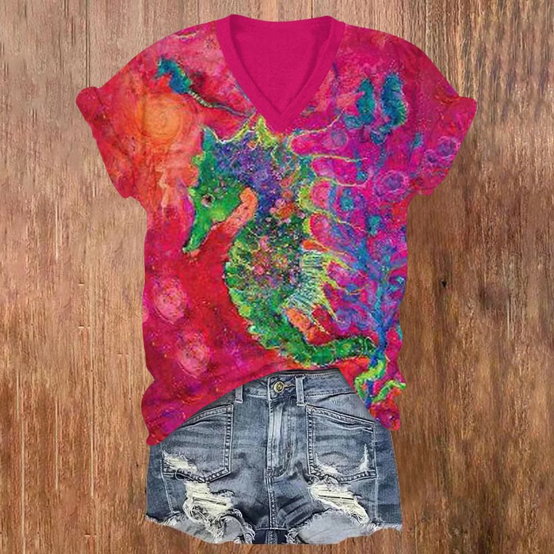 Contrast Color Seahorse Oil Painting Print V-neck T-shirt - Rose - US32-34(5XL) - image 1