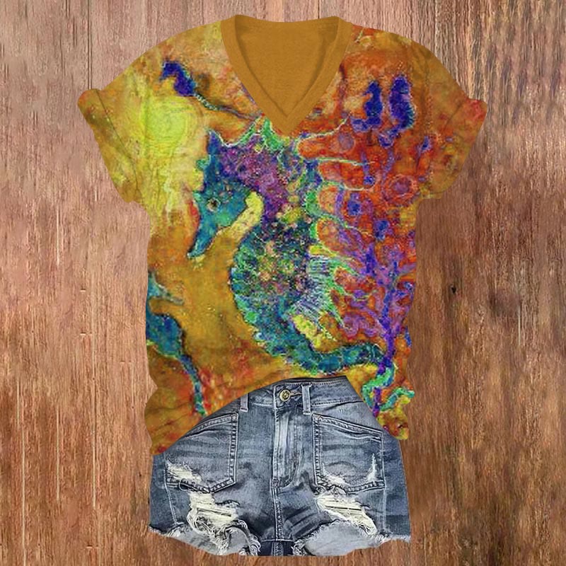 Contrast Color Seahorse Oil Painting Print V-neck T-shirt - Yellow - US32-34(5XL) - image 2