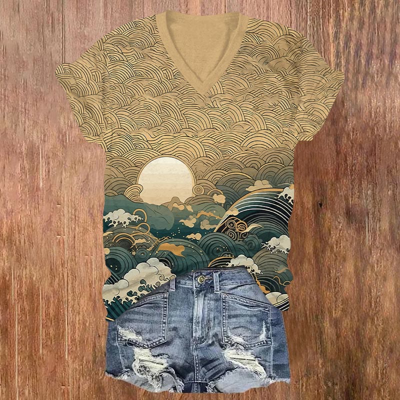 Ancient Japanese Style Wave Print V-neck T-shirt - Khaki - US32-34(5XL) - image 1
