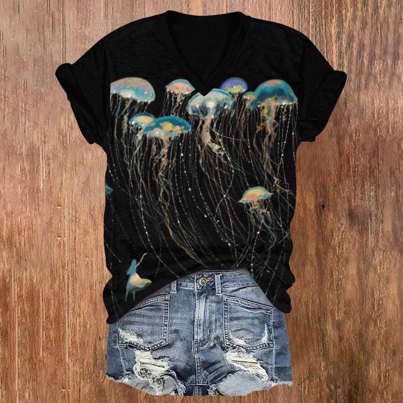 Fantasy Jellyfish Art Print V-neck T-shirt - Black - US32-34(5XL) - image 1
