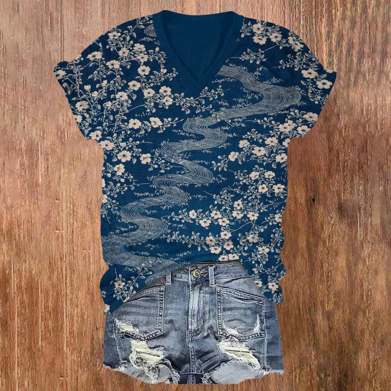 Plum Brook Japanese Print V-neck T-shirt - Blue - US32-34(5XL) - image 1