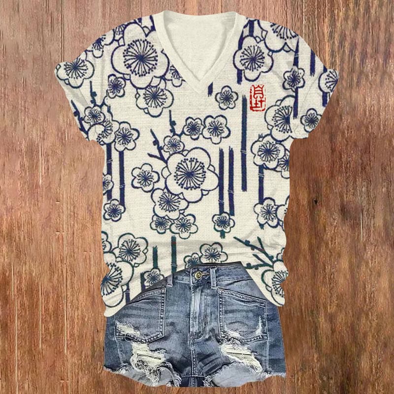 Plum Japanese Seal Print V-neck T-shirt - Blue - US32-34(5XL) - image 1