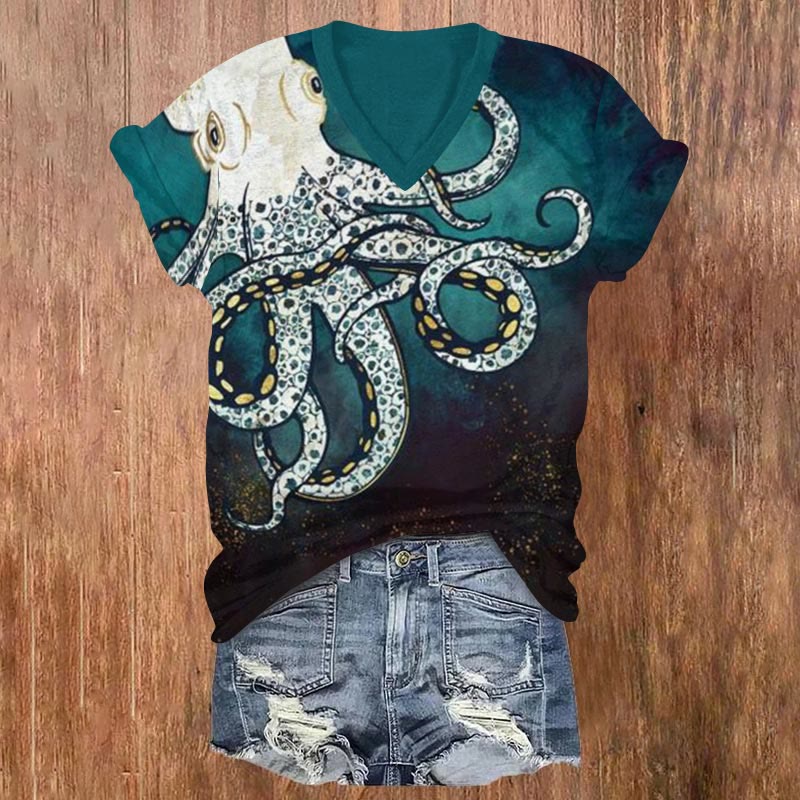 Octopus Contrast Print V-neck T-shirt - Dark Green - US32-34(5XL) - image 1