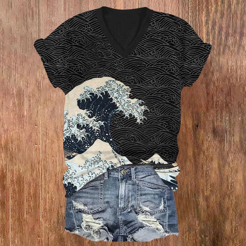 Japanese Wave Inspired Graphic Print V-neck T-shirt - Black - US32-34(5XL) - image 1