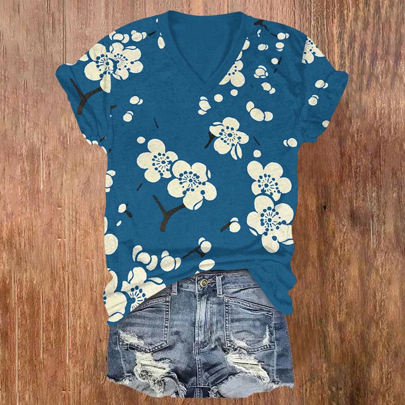 Plum Blossom Japanese Art Print V-neck T-shirt - Blue - US32-34(5XL) - image 1