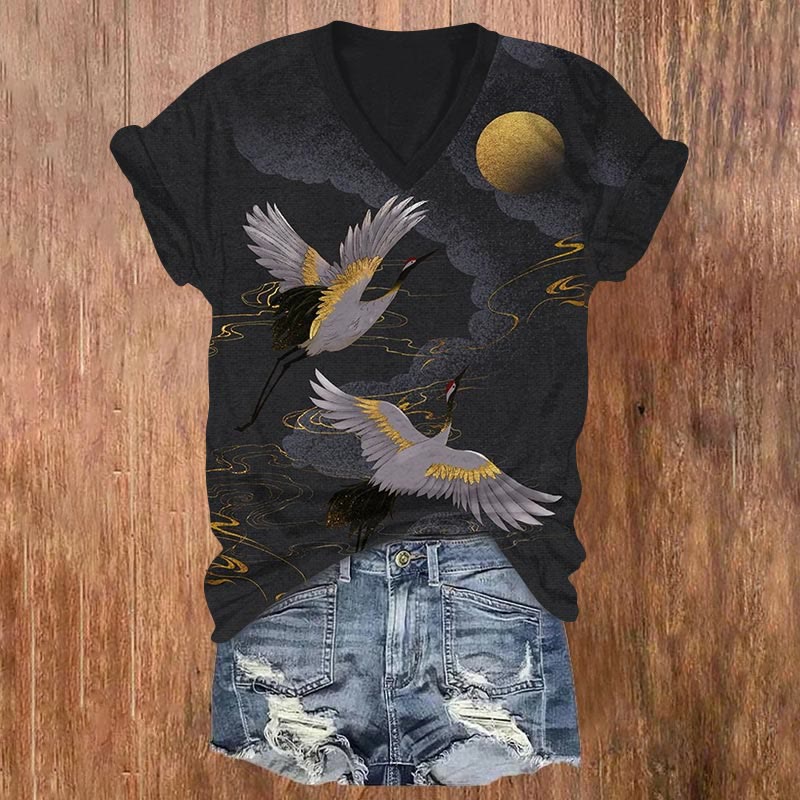 Japanese Cranes Flight To Golden Moon Art Print V-neck T-shirt - Black - US32-34(5XL) - image 1