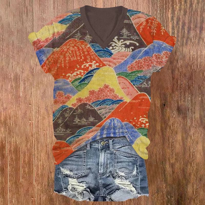 Colorful Mountains Landscape Japanese Art Print V-neck T-shirt - Multicolor - US32-34(5XL) - image 1