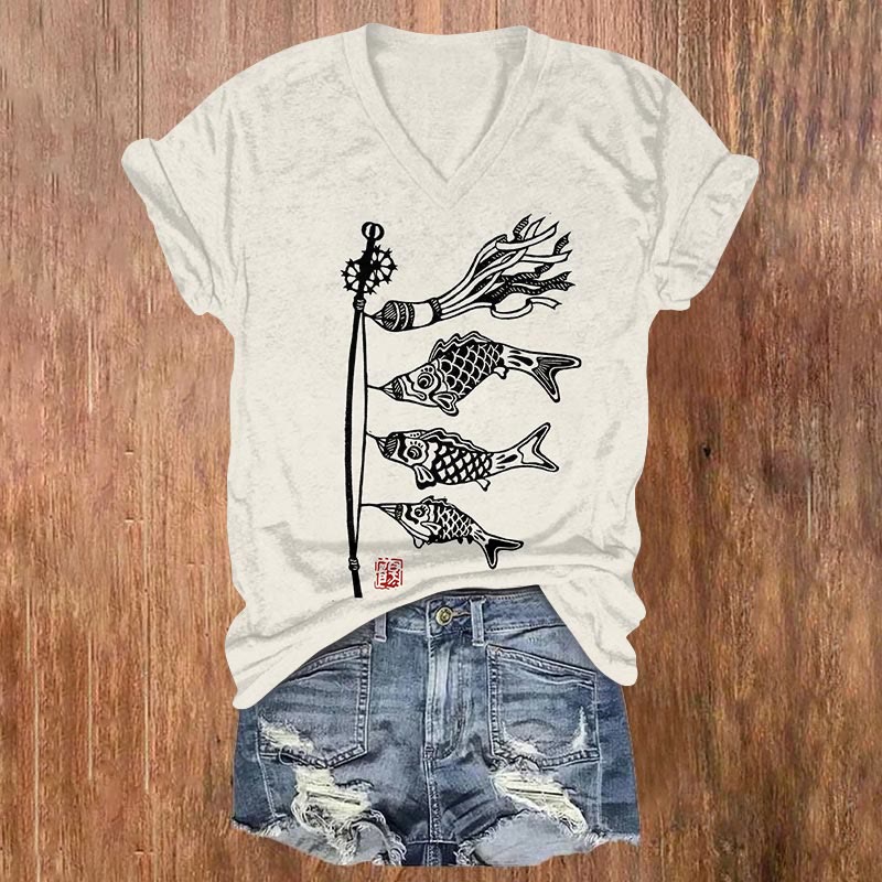 Carp Streamer Koinobori Japanese Art Print V-neck T-shirt - Black - US32-34(5XL) - image 2
