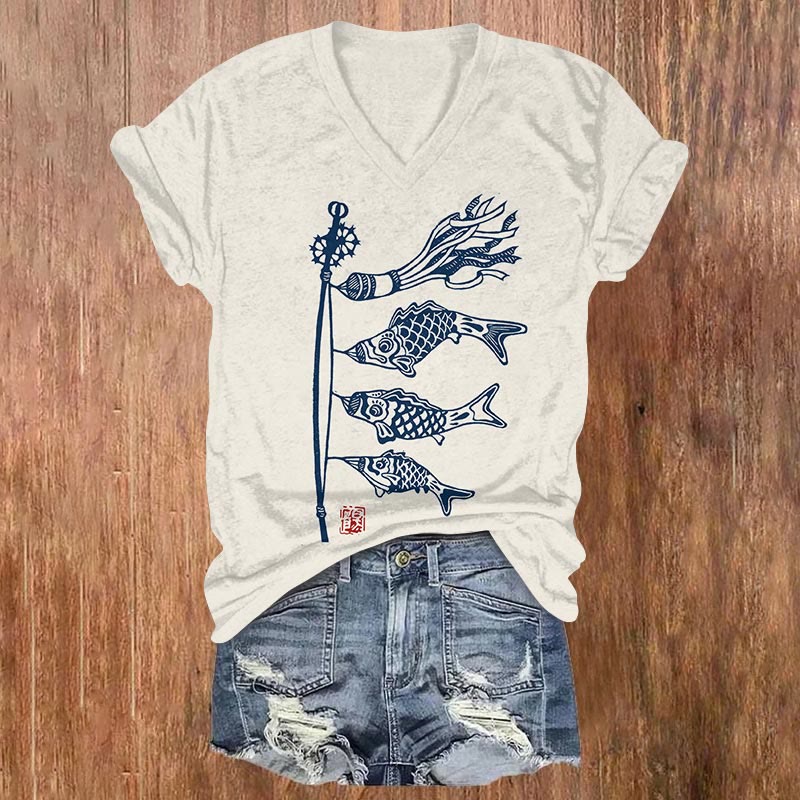 Carp Streamer Koinobori Japanese Art Print V-neck T-shirt - Blue - US32-34(5XL) - image 1