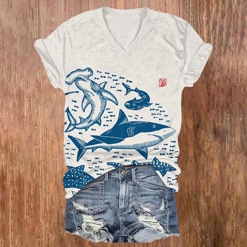 Sharks Japanese Lino Art Graphic Print V-neck T-shirt - Blue - US32-34(5XL) - image 1