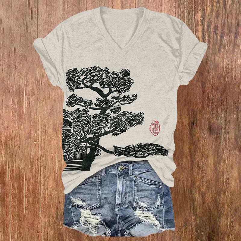 Pine Tree Japanese Lino Art Print V-neck T-shirt - Apricot - US32-34(5XL) - image 1