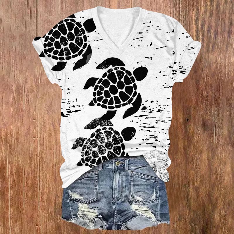 Ocean Turtle Lino Art Graphic Print V-neck T-shirt - White - US32-34(5XL) - image 1