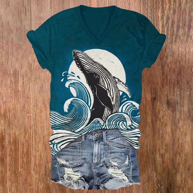 Whale Breach Full Moon Japanese Lino Art Print V-neck T-shirt - Blue - US32-34(5XL) - image 1