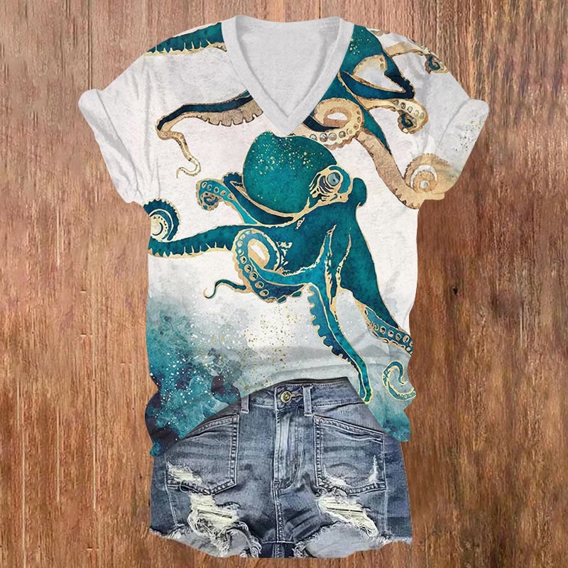 Psychedelic Seascape Octopus Art V-neck T-shirt - Blue - US32-34(5XL) - image 1