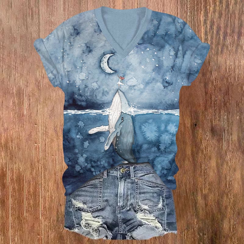 Humpback Whale Print V-neck T-shirt - Blue - US32-34(5XL) - image 1