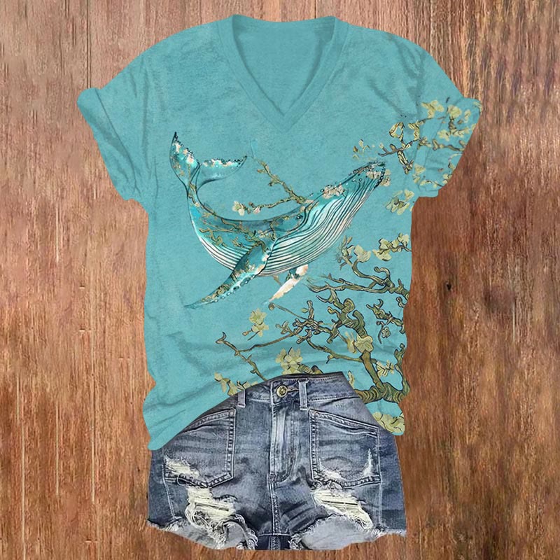 Almond Blossom Inspired Whale Art Print V-neck T-shirt - Blue - US32-34(5XL) - image 1