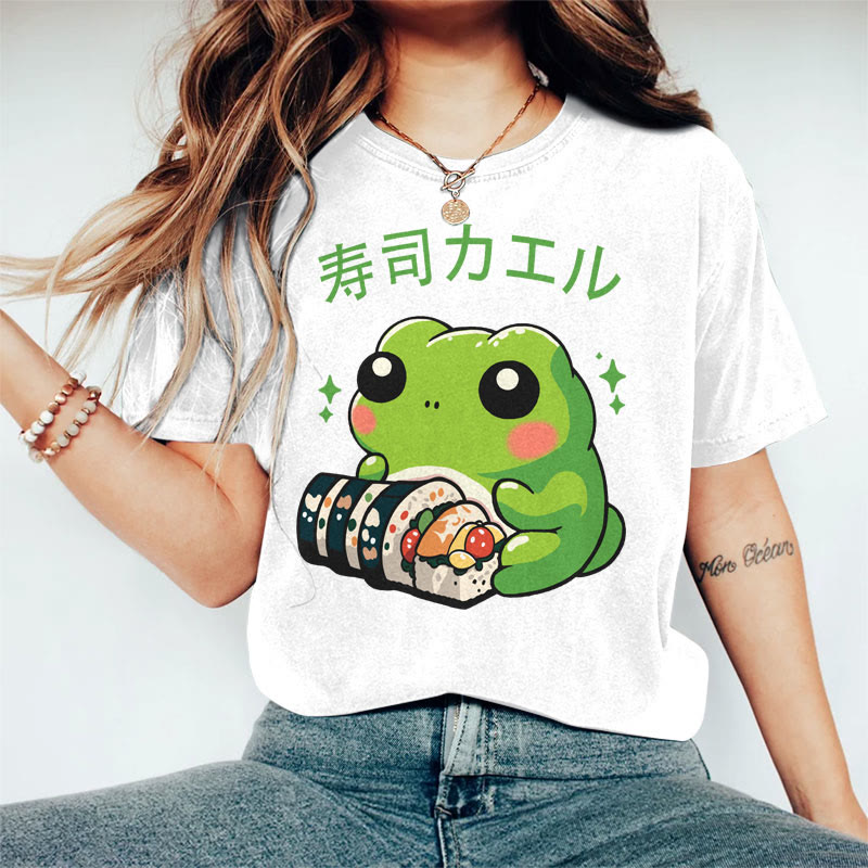 100% Cotton Women's Japanese Frog Eating Sushi Art Print Casual T-shirt - White - 2XL - image 1