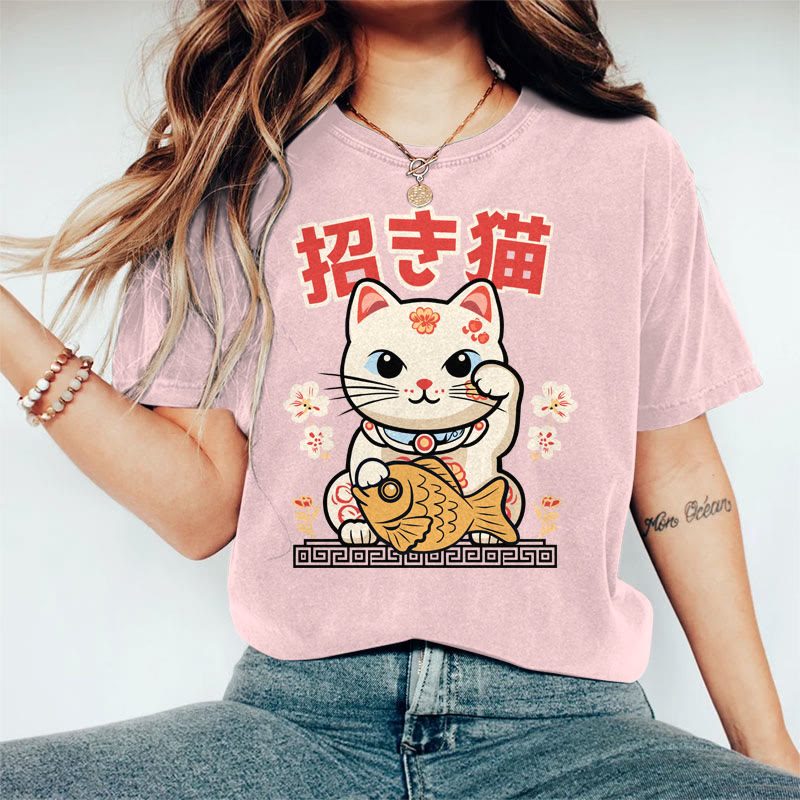 100% Cotton Women's Japanese Lucky Cat Art Print Casual T-shirt - Pink - 2XL - image 1
