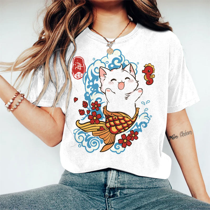 100% Cotton Women's Japanese Sakura White Fish Cat Art Print Casual T-shirt - White - 2XL - image 1