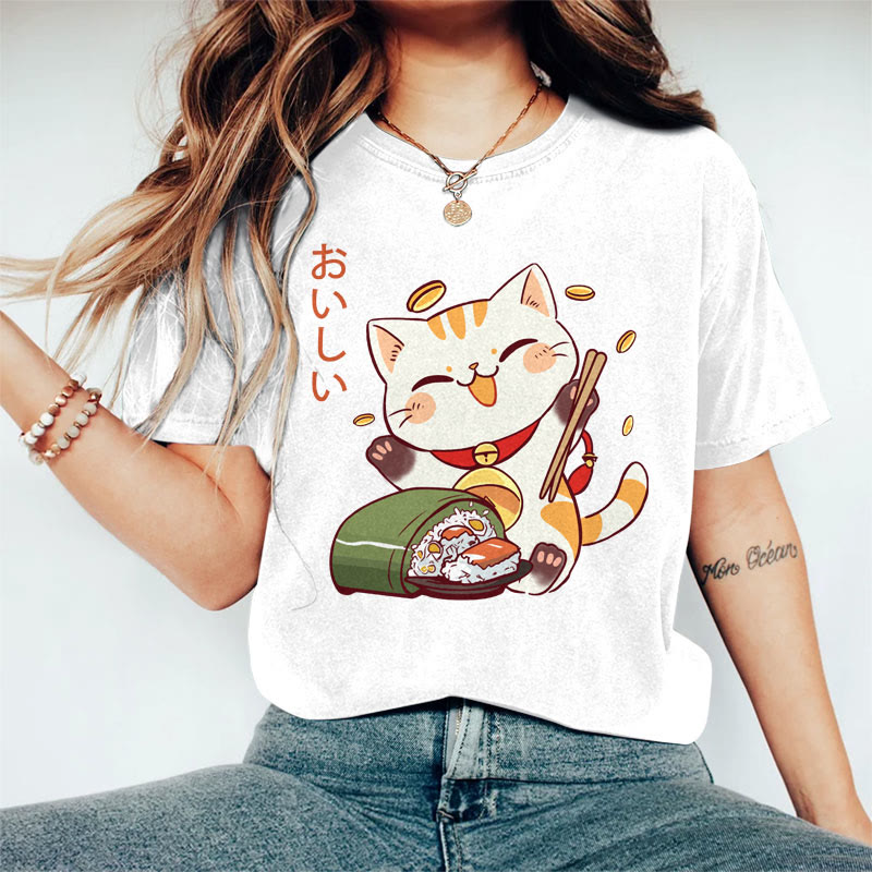 100% Cotton Women's Japanese Lucky Cat Eating Sushi Art Print Casual T-shirt - White - 2XL - image 1