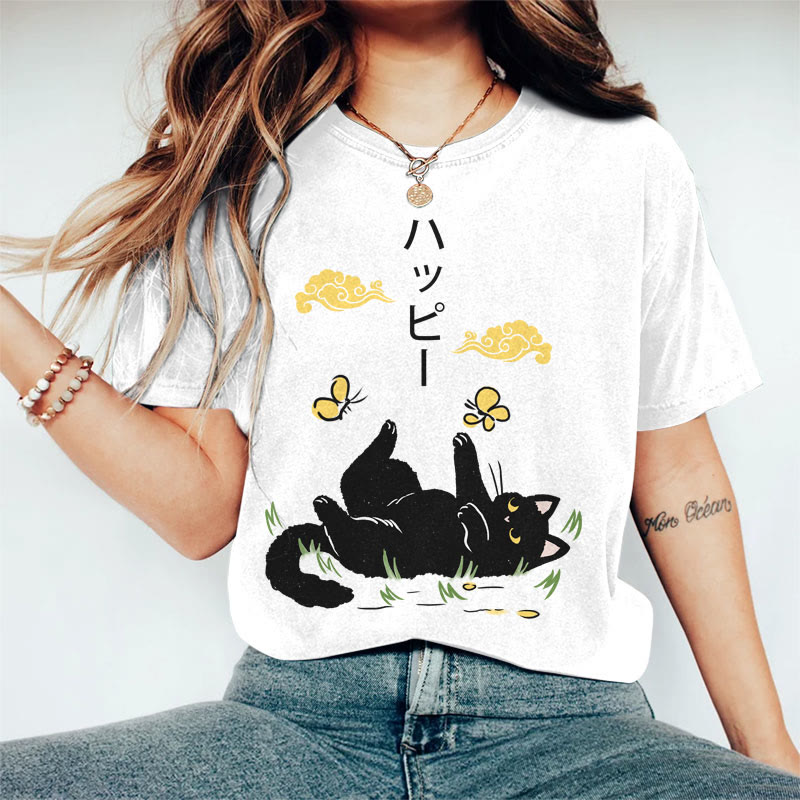 100% Cotton Women's Japanese Black Cat Playing With Butterfly Art Print Casual T-shirt - White - 2XL - image 1
