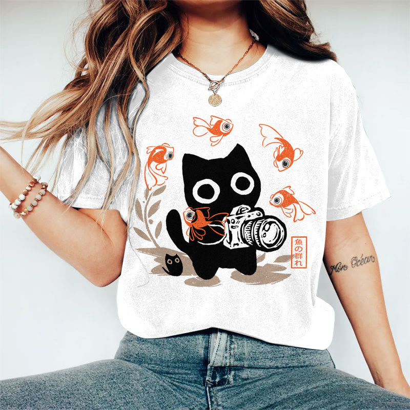 100% Cotton Women's  Japanese Fish & Black Cat With Camera Art Print Casual T-shirt - White - 2XL - image 1