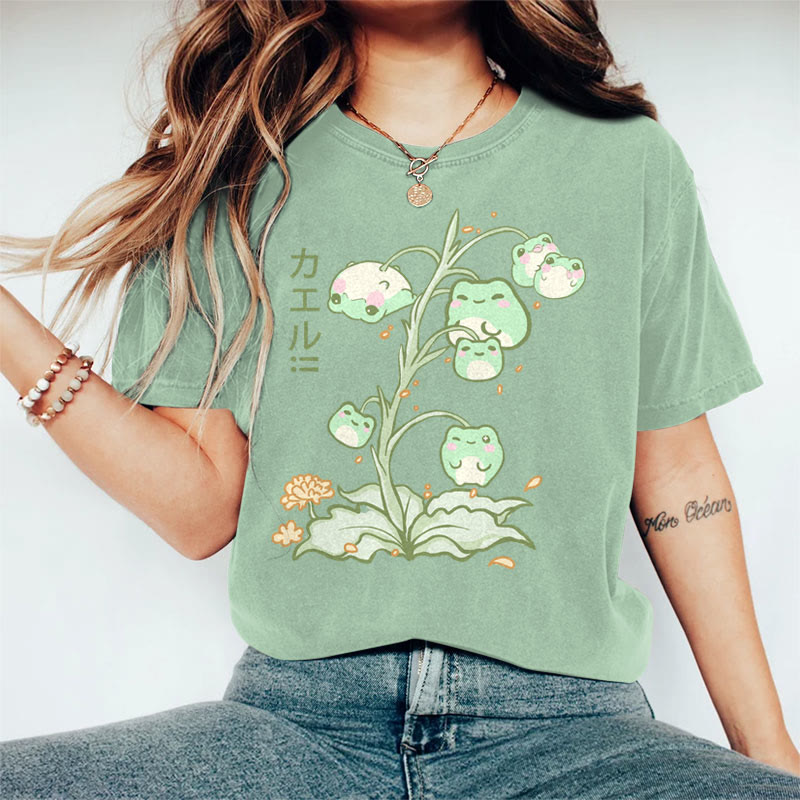 100% Cotton Women's Japanese Lovely Cat Plant Art Print Casual T-shirt - Green - 2XL - image 1
