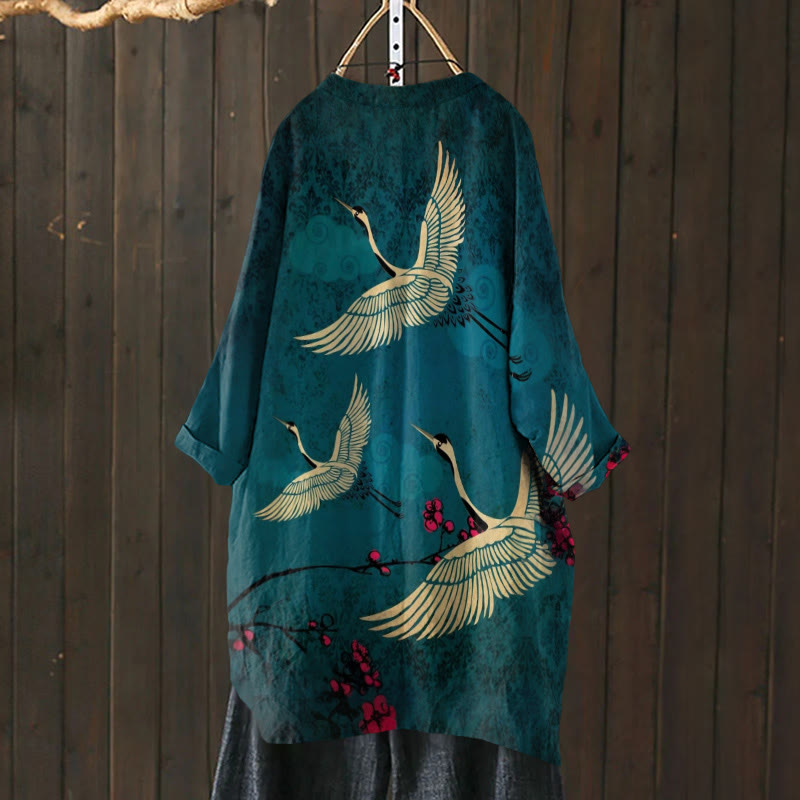 Women's Japanese Style Crane Art Print Cardigan - Blue - 6XL - image 1