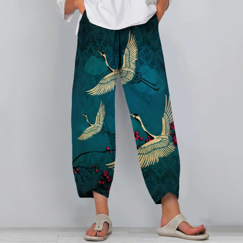 Women's Japanese Style Crane Art Print Drawstring Pocket Pants - Blue - 8XL - image 1