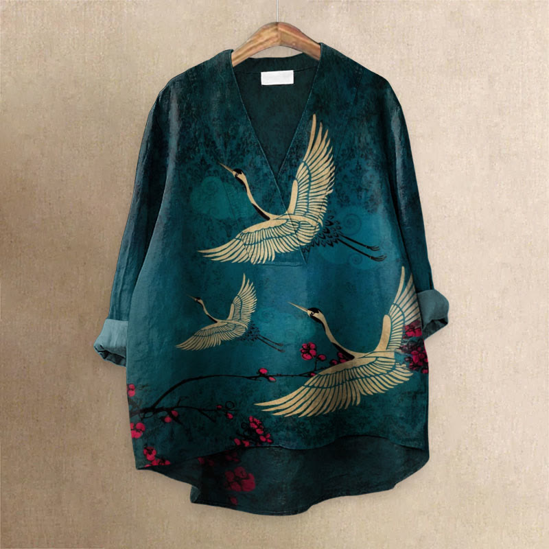 Women's Japanese Style Crane Art Printed Casual V-neck Blouse - Blue - 6XL - image 1