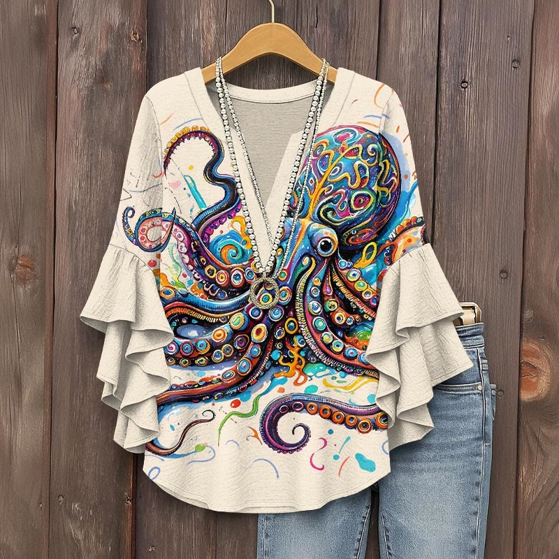 Vintage Rainbow Octopus Art Print V-neck Half Sleeve Blouse - Apricot - 5XL - image 1