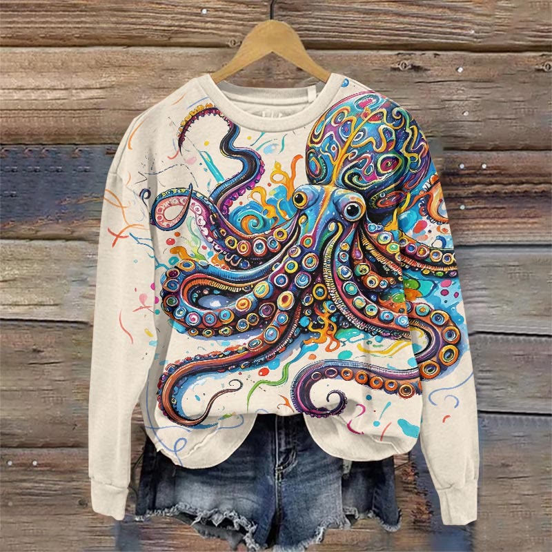 Vintage Rainbow Octopus Art Print Sweatshirt - Apricot - 5XL - image 1
