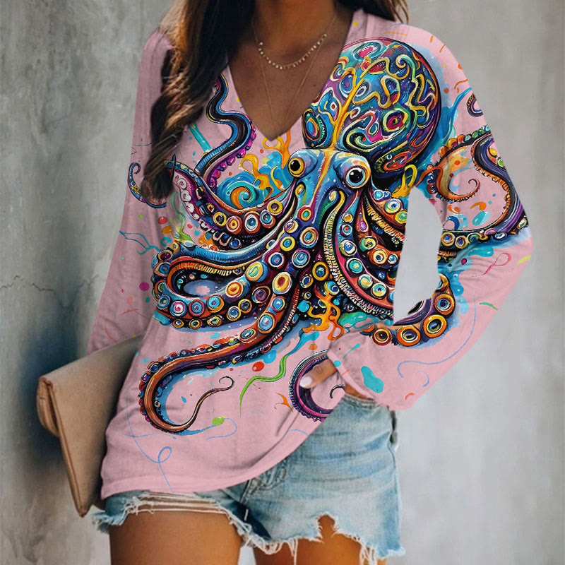 Vintage Rainbow Octopus Art Print Long Sleeve T-shirt - Apricot - 5XL - image 1