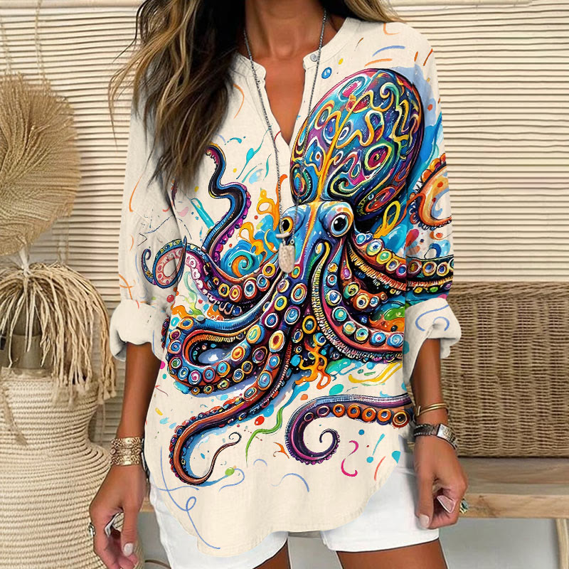 Vintage Rainbow Octopus Art Print V Neck Long Sleeve Blouse - Apricot - 8XL - image 1