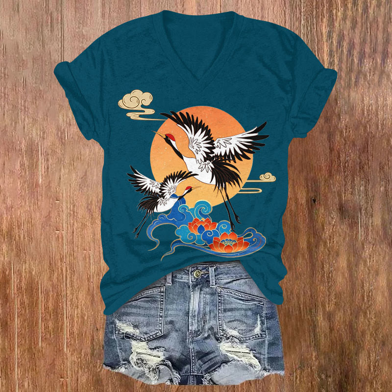 Japanese Serenity Cranes At Sunrise Art Print V-neck T-shirt - Dark Green - US32-34(5XL) - image 1