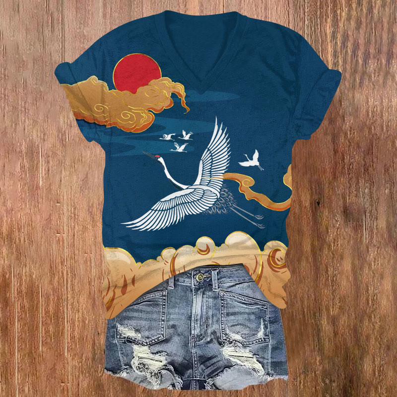Japanese Crane Above The Clouds Sunset Art Print V-neck T-shirt - Navy Blue - US32-34(5XL) - image 1