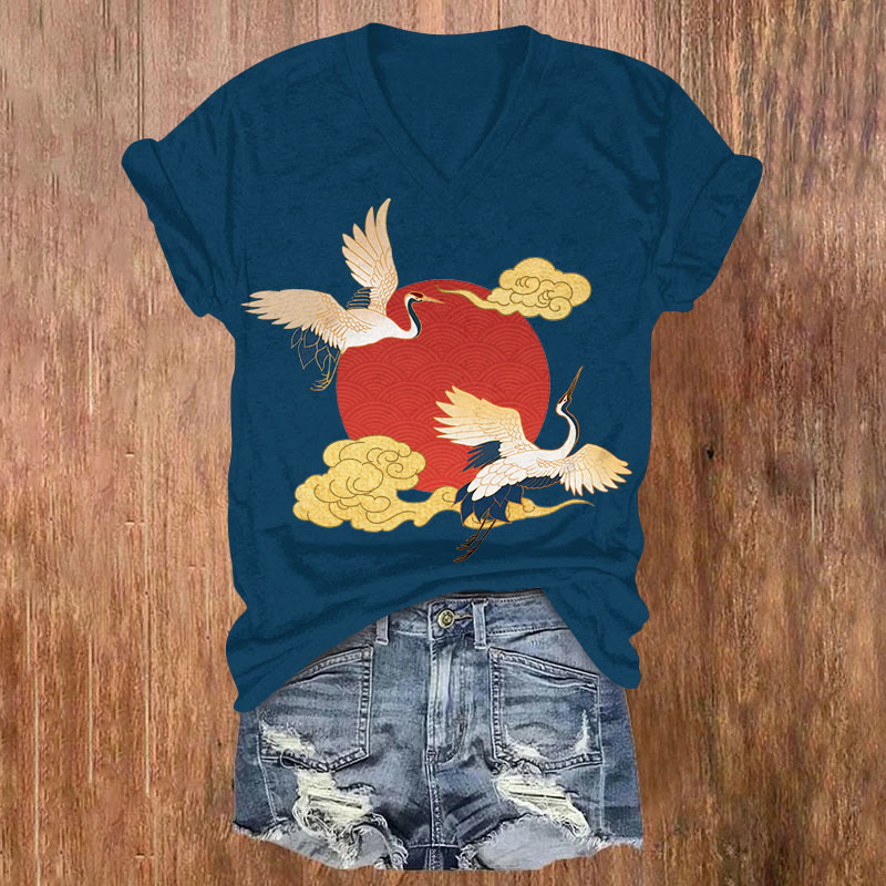 Japanese Ukiyo Flight Red Sun & Cranes Art Print V-neck T-shirt - Navy Blue - US32-34(5XL) - image 2