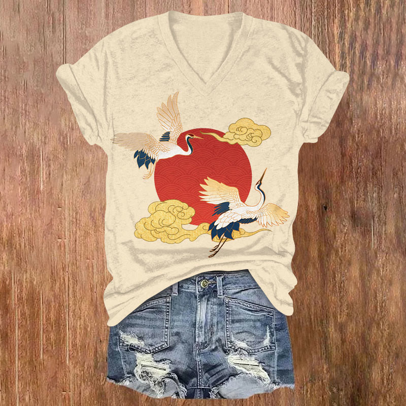 Japanese Ukiyo Flight Red Sun & Cranes Art Print V-neck T-shirt - Apricot - US32-34(5XL) - image 1