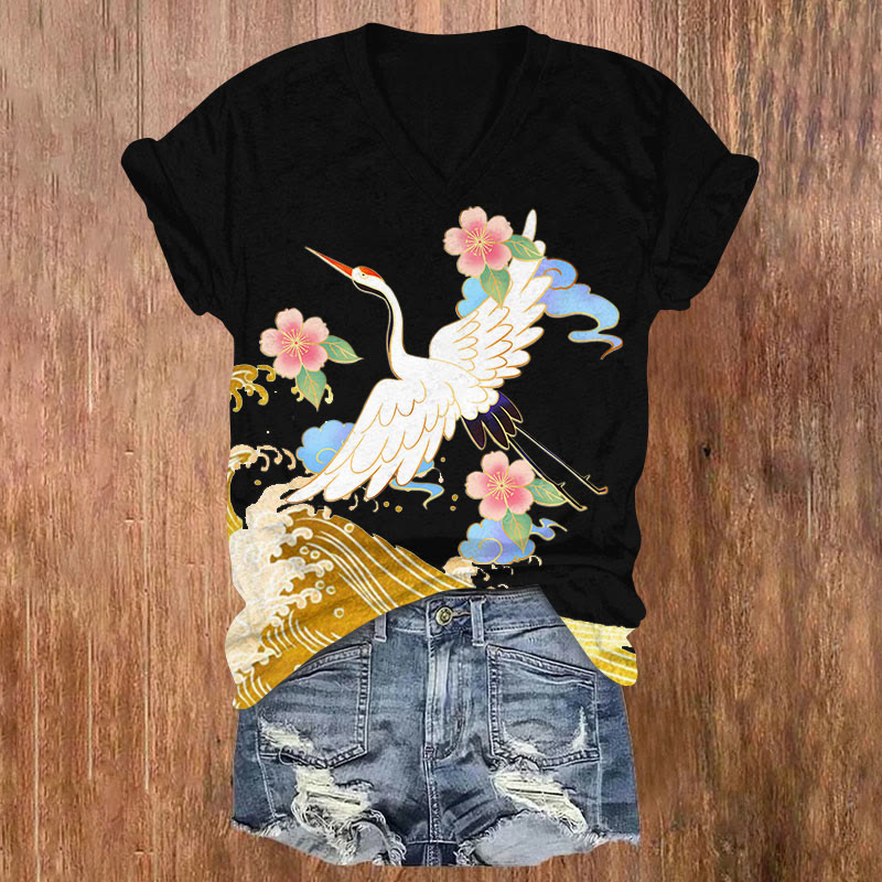 Japanese Waves Flying Cranes Flowers Art Print V-neck T-shirt - Black - US32-34(5XL) - image 1