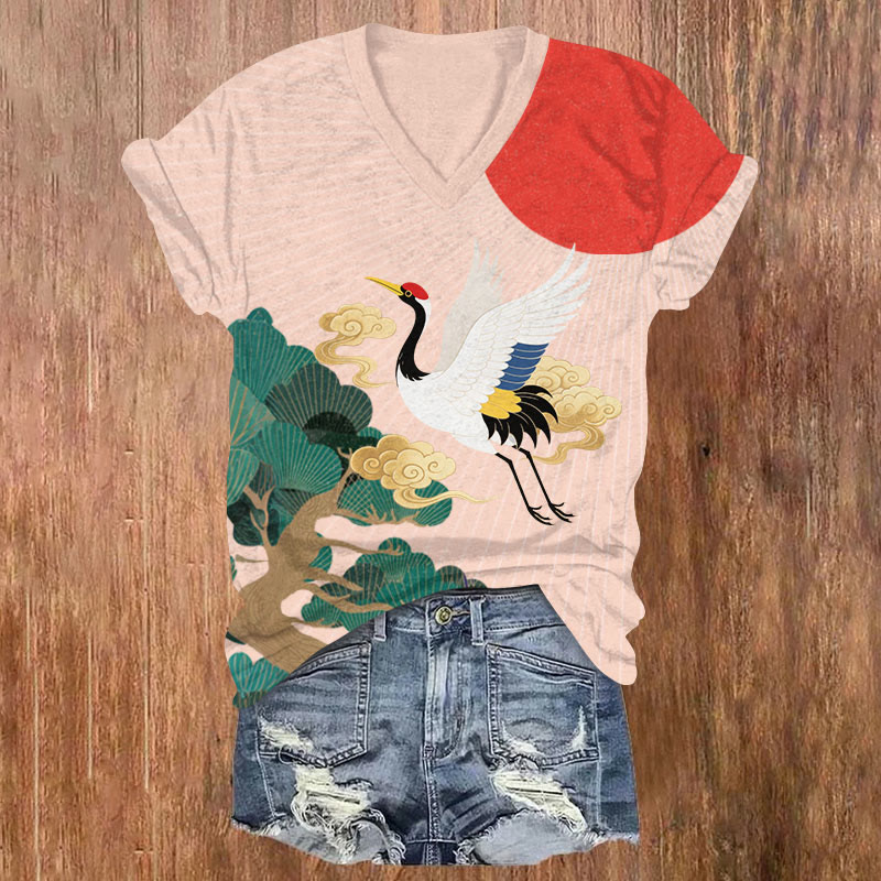 Japanese Crane And Golden Cloud Art Print V-neck T-shirt - Pink - US32-34(5XL) - image 1