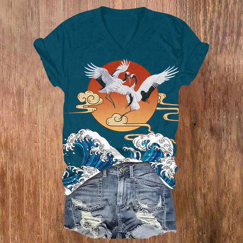 Japanese Cranes In Flight Sunset & Waves Art Print V-neck T-shirt - Dark Green - US32-34(5XL) - image 1