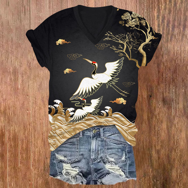 Japanese Cranes Waves And Trees Art Print V-neck T-shirt - Black - US32-34(5XL) - image 2