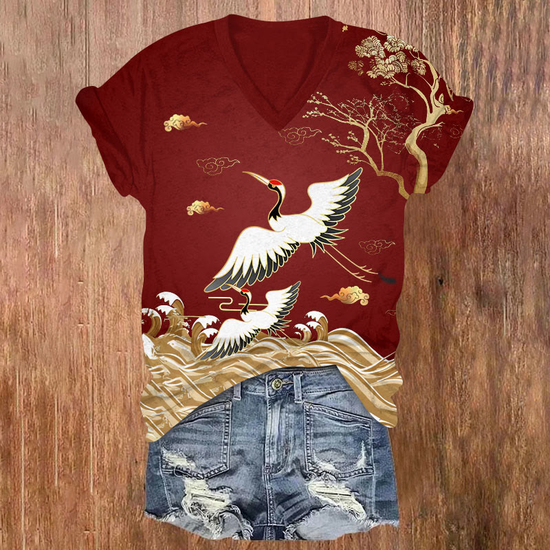 Japanese Cranes Waves And Trees Art Print V-neck T-shirt - Wine - US32-34(5XL) - image 1