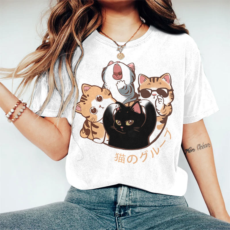 100% Cotton Women's Japanese Lovely Cat Family Art Print Casual T-shirt - White - 2XL - image 1