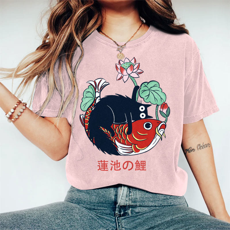 100% Cotton Women's Japanese Lotus Pond Koi & Black Cat Art Print Casual T-shirt - Pink - 2XL - image 1